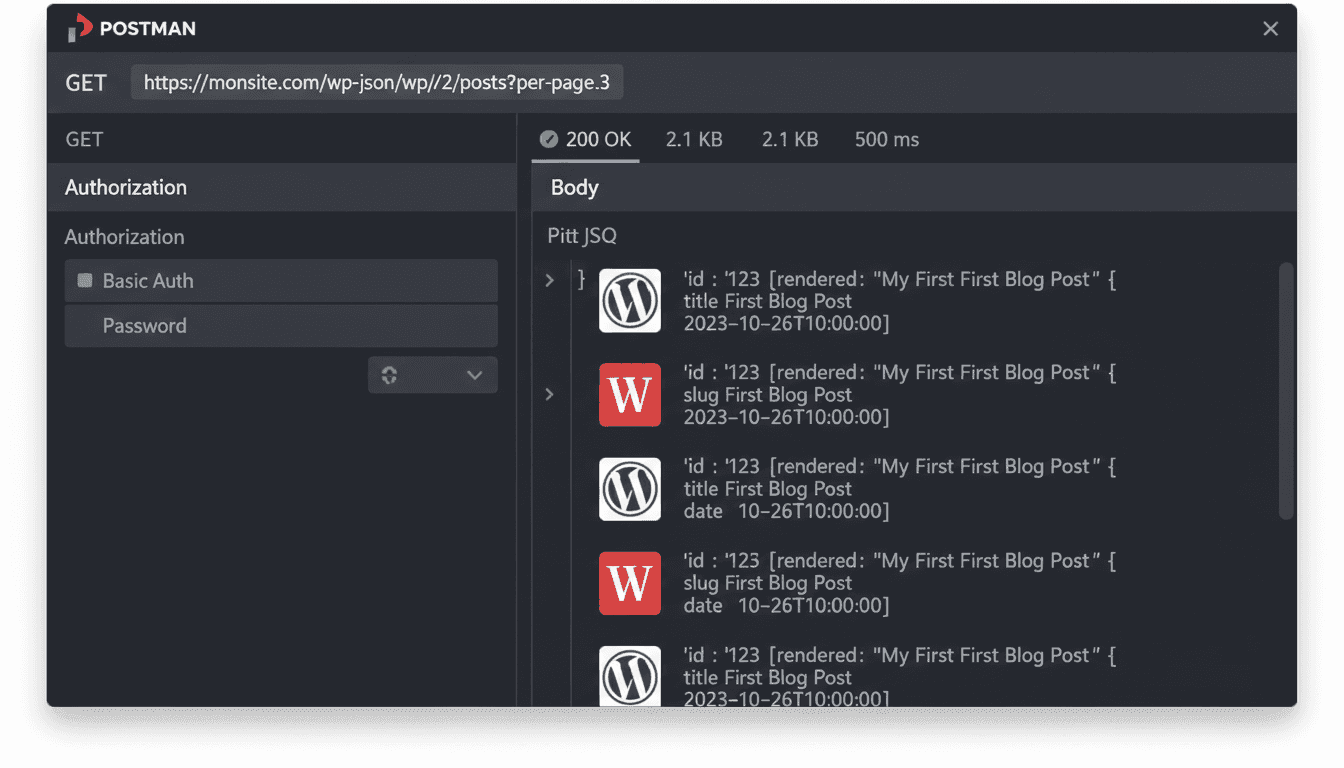 Postman testant l'endpoint WordPress REST API GET /wp/v2/posts : requête, authentification Basic Auth et réponse JSON