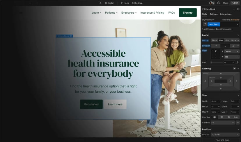 Capture officielle de l'interface Webflow Designer en 2026
