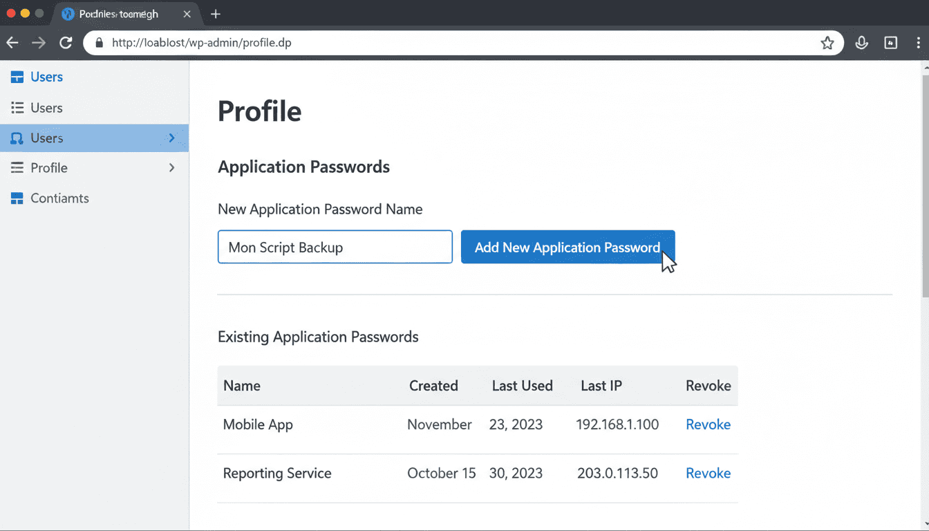 Section Application Passwords dans le profil utilisateur WordPress : création et gestion des mots de passe d'application
