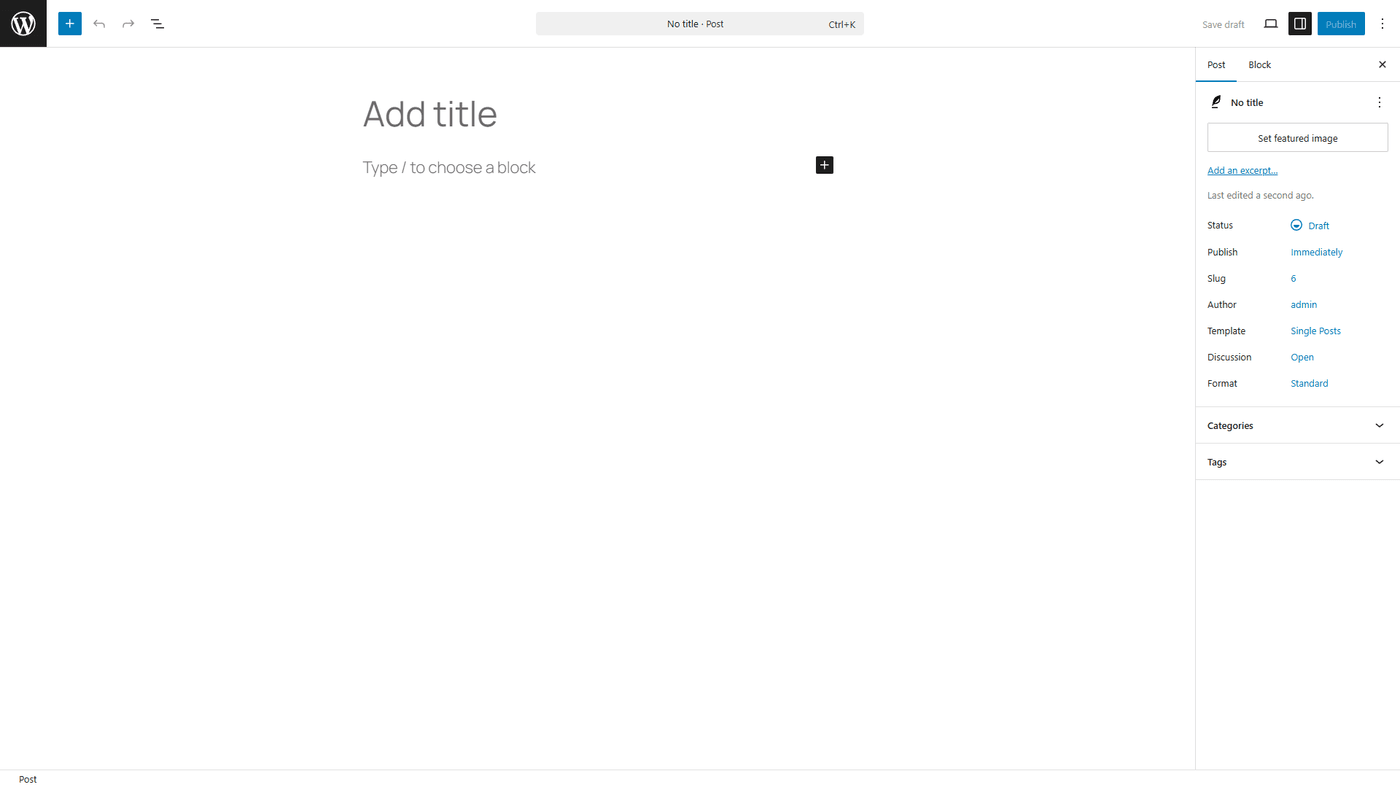 Éditeur WordPress Gutenberg vierge prêt à recevoir du contenu migré depuis Wix