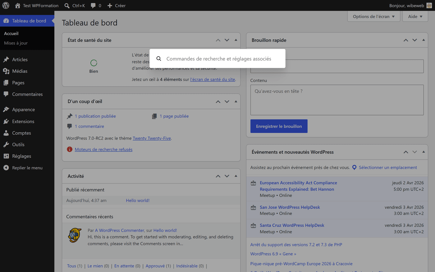 Palette de commande WordPress 7.0 accessible via Ctrl+K depuis n'importe quel écran d'administration