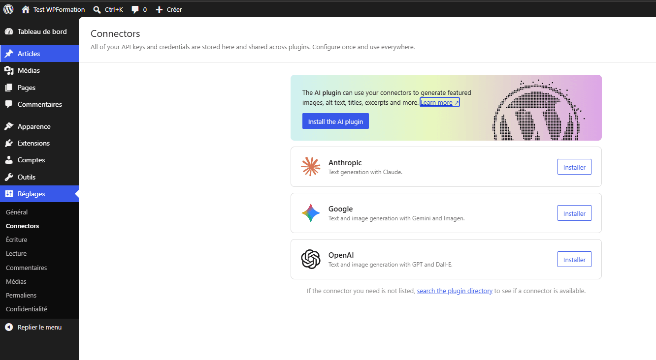 Écran Réglages Connectors de WordPress 7.0 avec les connecteurs Anthropic, Google et OpenAI préconfigurés