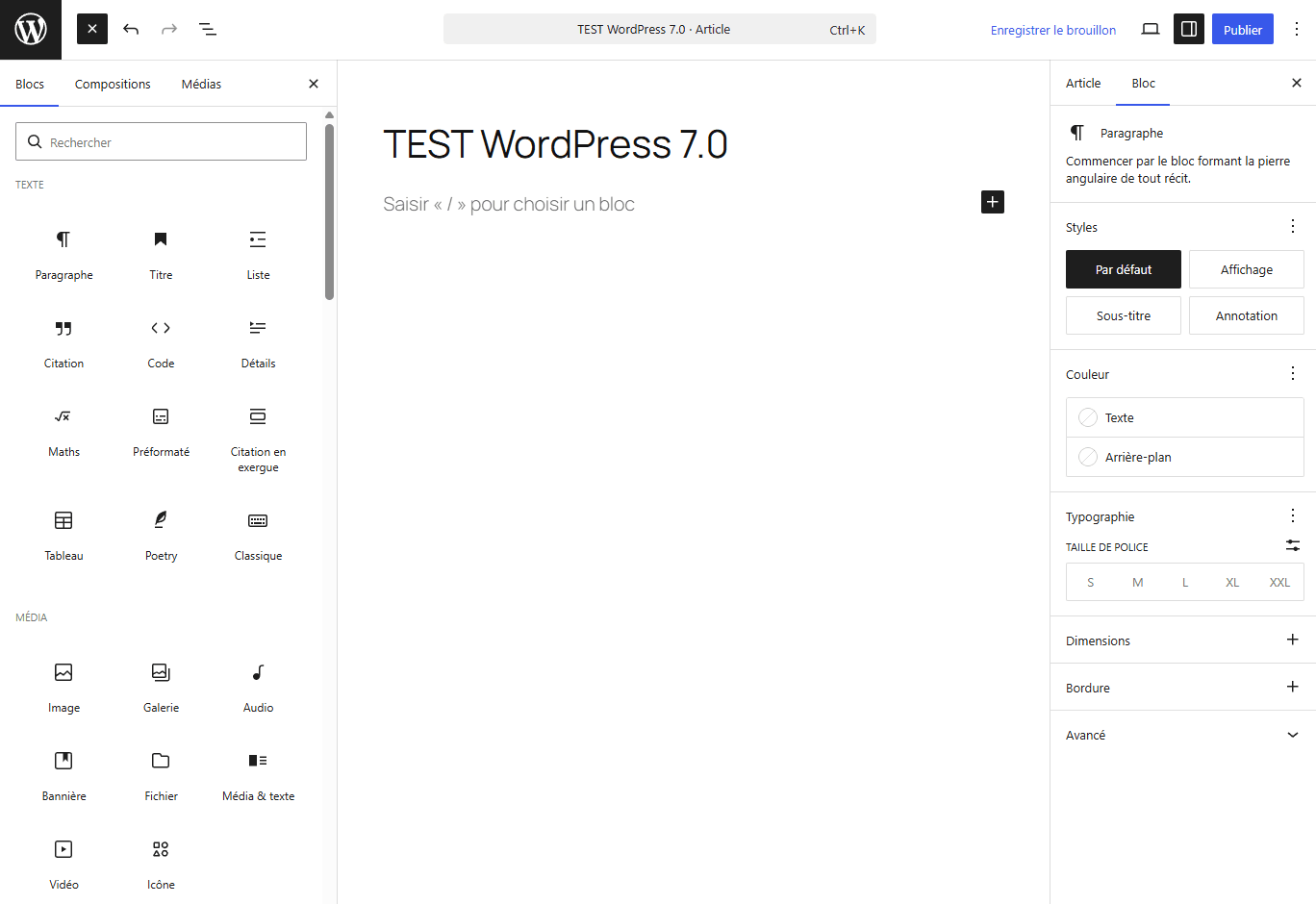 Éditeur Gutenberg de WordPress 7.0 avec l'inséreur de blocs ouvert montrant les nouvelles catégories