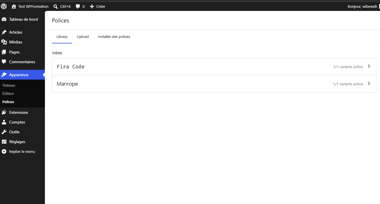 Gestionnaire de polices natif de WordPress 7.0 dans le menu Apparence avec les onglets Library, Upload et Installer