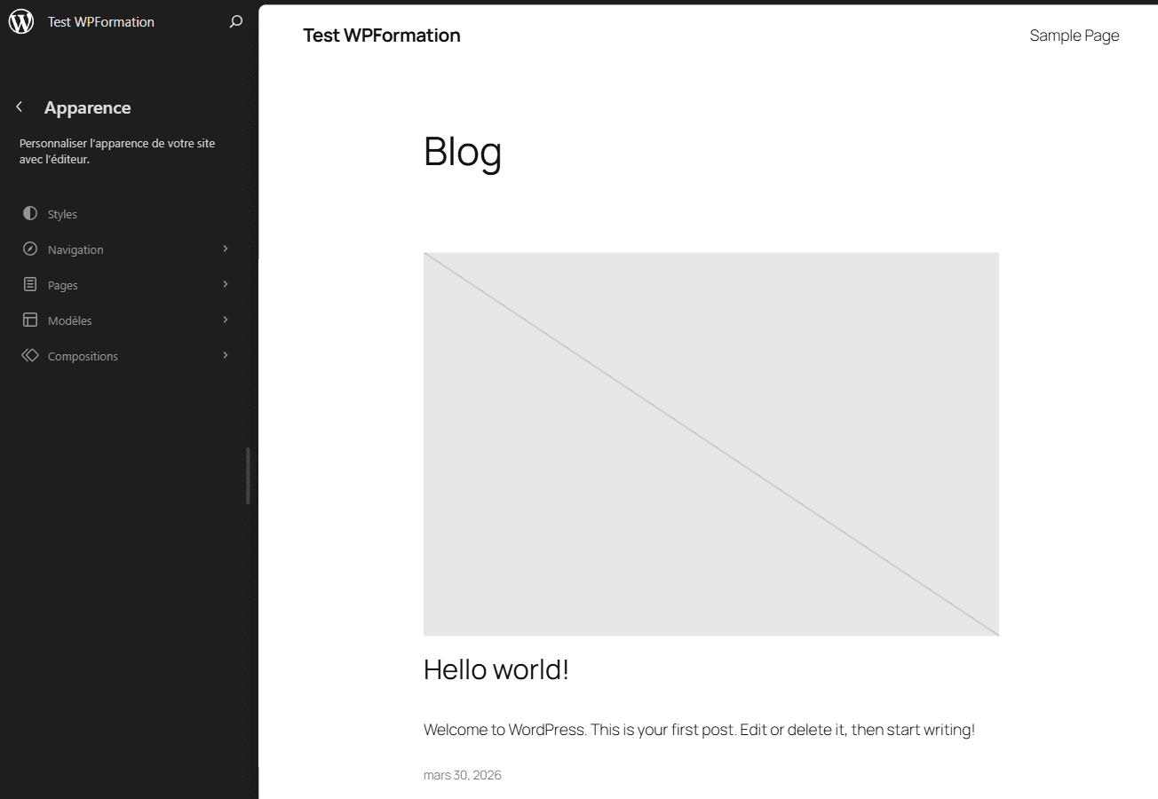Éditeur de site WordPress 7.0 avec le panneau Apparence affichant Styles, Navigation, Pages, Modèles et Compositions