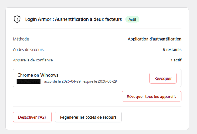 TOTP d'abord : compatible avec Google Authenticator, Authy, 1Password, Bitwarden et tout ce qui parle le standard RFC 6238. Le QR code est généré côté client, donc le secret ne quitte pas ton serveur.
