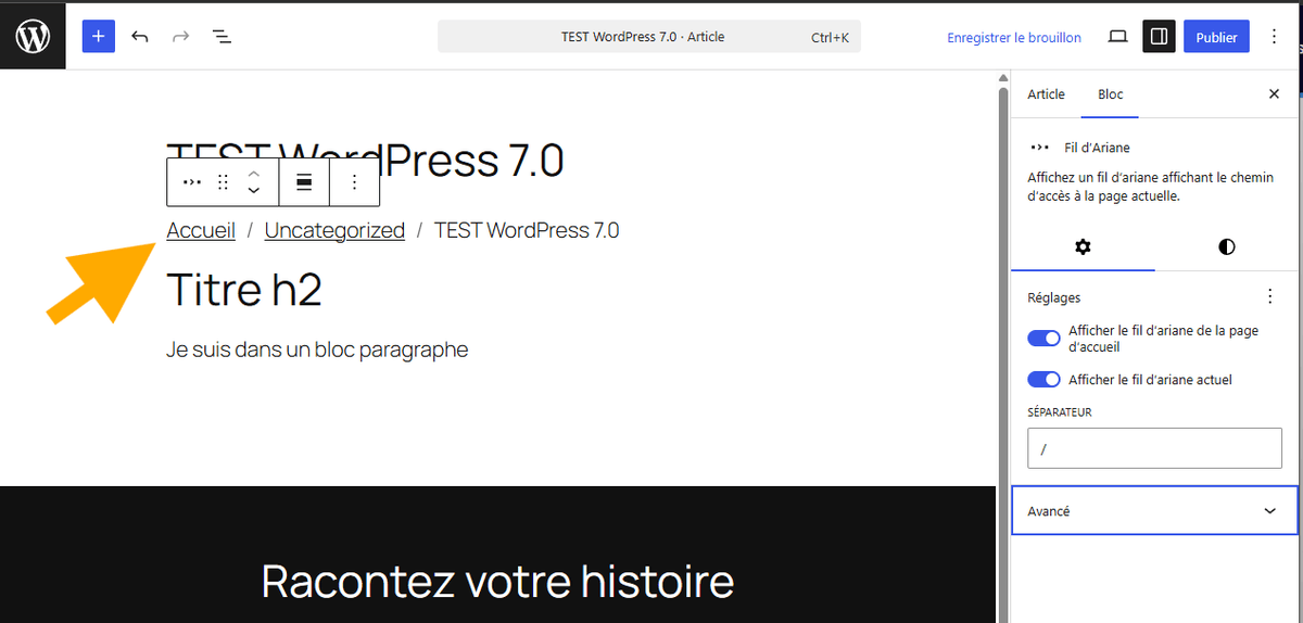 WordPress 7.0 intègre enfin un bloc Breadcrumb natif