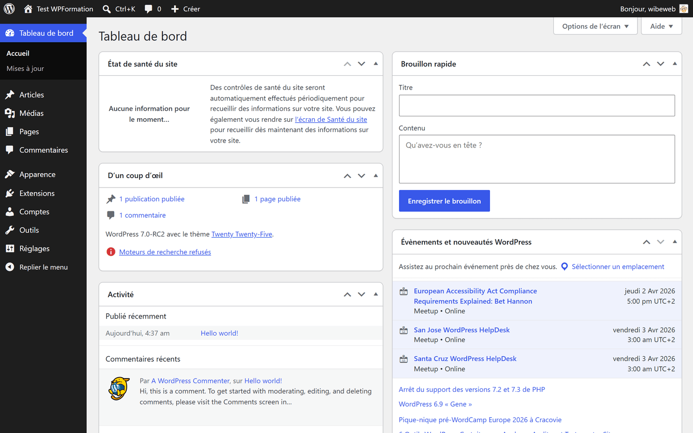Tableau de bord administrateur WordPress 7.0-RC2 avec la nouvelle sidebar redesignée et les widgets DataViews