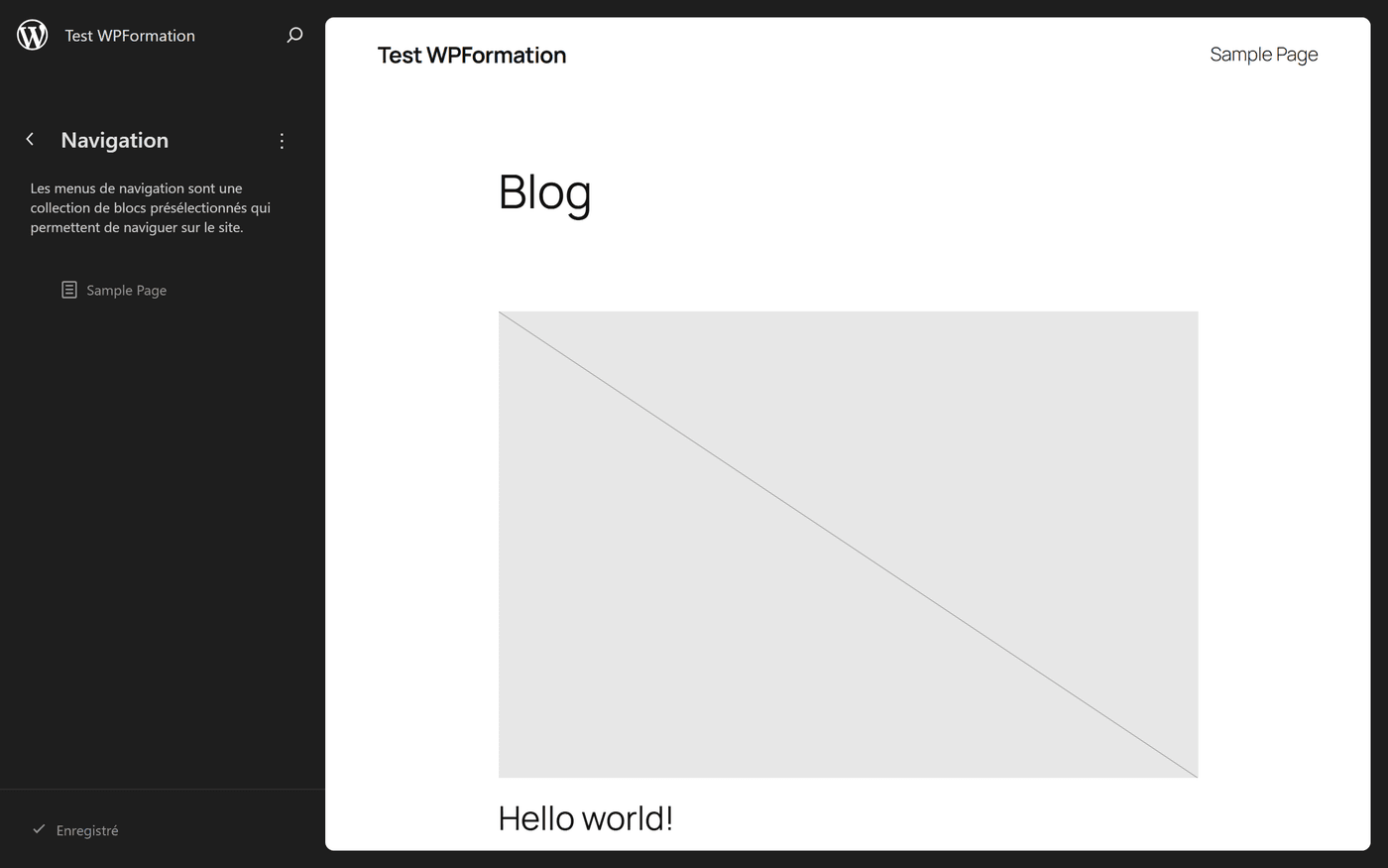 Éditeur de navigation WordPress 7.0 avec le panneau latéral de gestion des menus et aperçu du site