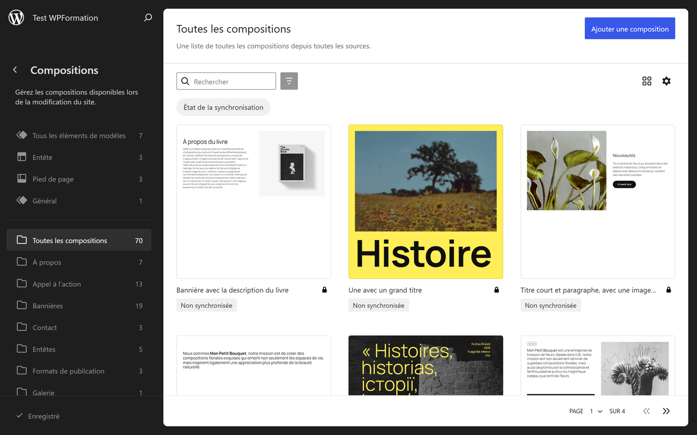 Gestionnaire de compositions WordPress 7.0 avec aperçu visuel des patterns et catégories dans l'éditeur de site FSE