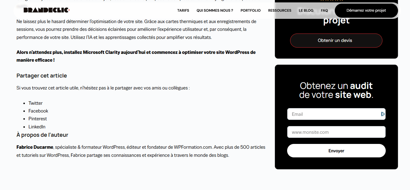 Capture du bloc auteur Fabrice Ducarme apparaissant en bas d'un article plagié sur Brandeclic, avec une date hallucinée 2009 différente de la réalité 2012