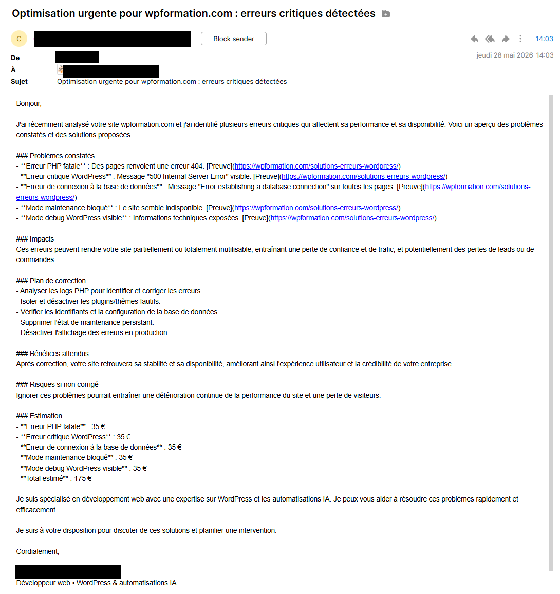 Capture du mail de prospection contenant 5 fausses erreurs WordPress facturées 175 euros, identité du prestataire caviardée