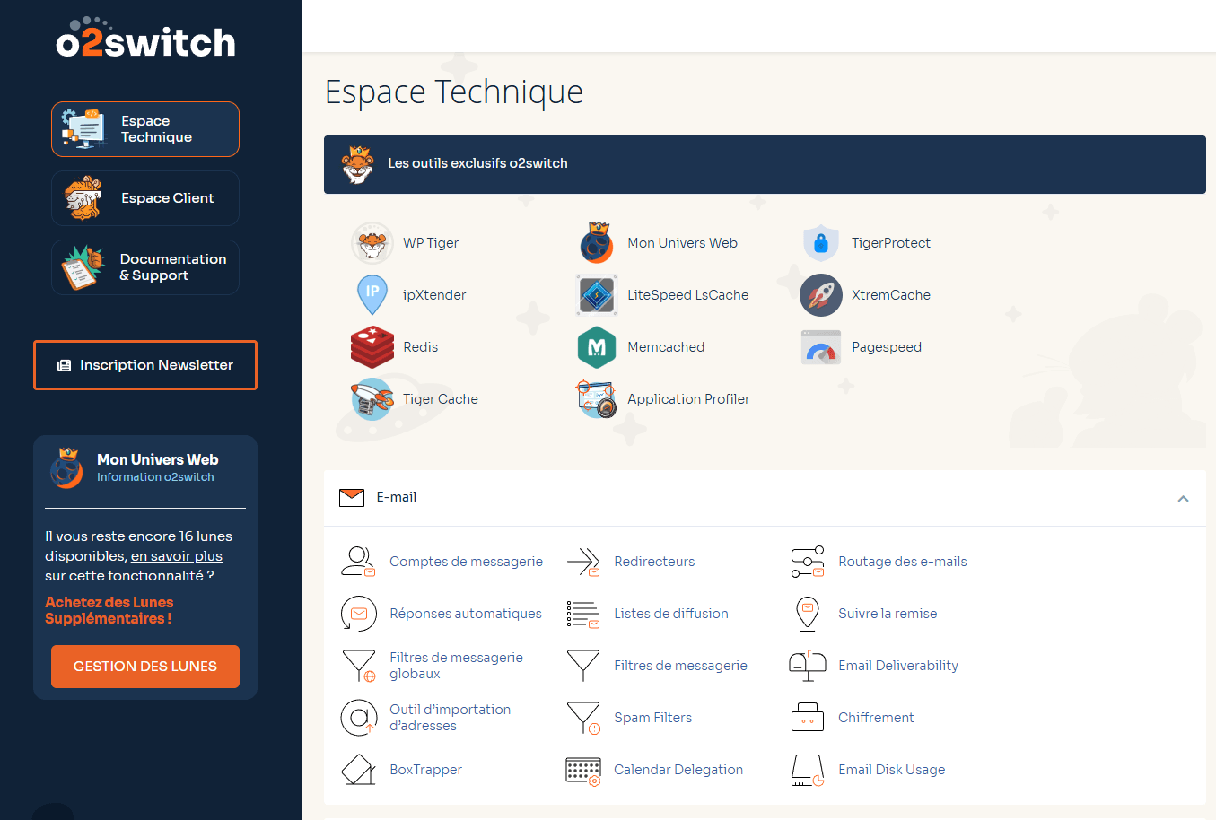 Capture de l'espace technique O2switch montrant les outils exclusifs WP Tiger, TigerProtect, ipXtender, LiteSpeed LSCache, XtremCache, Redis, Memcached, Pagespeed, Tiger Cache, Application Profiler