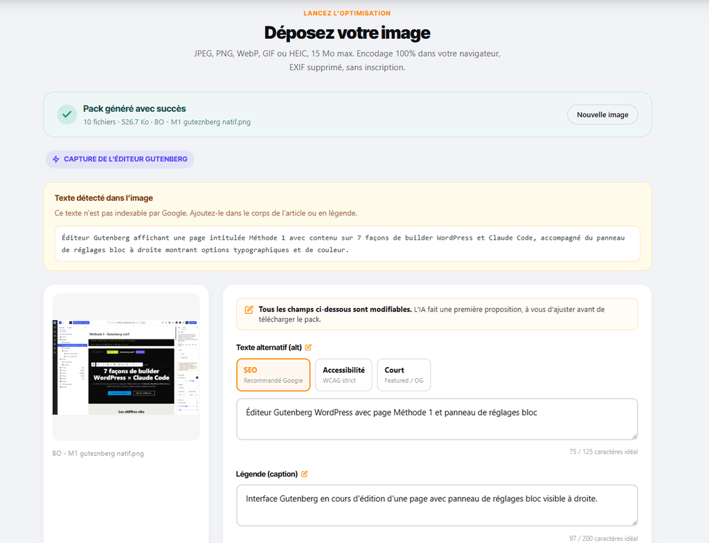 Interface de l'Optimiseur WPFormation générant automatiquement 3 variantes d'alt text via IA Claude