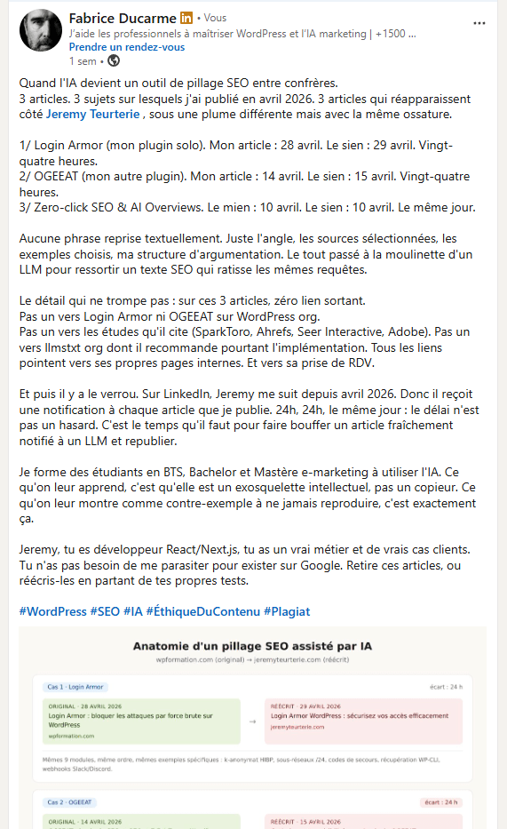 Capture du post LinkedIn nominatif publié par Fabrice Ducarme le 10 mai 2026 documentant trois articles wpformation plagiés en avril 2026