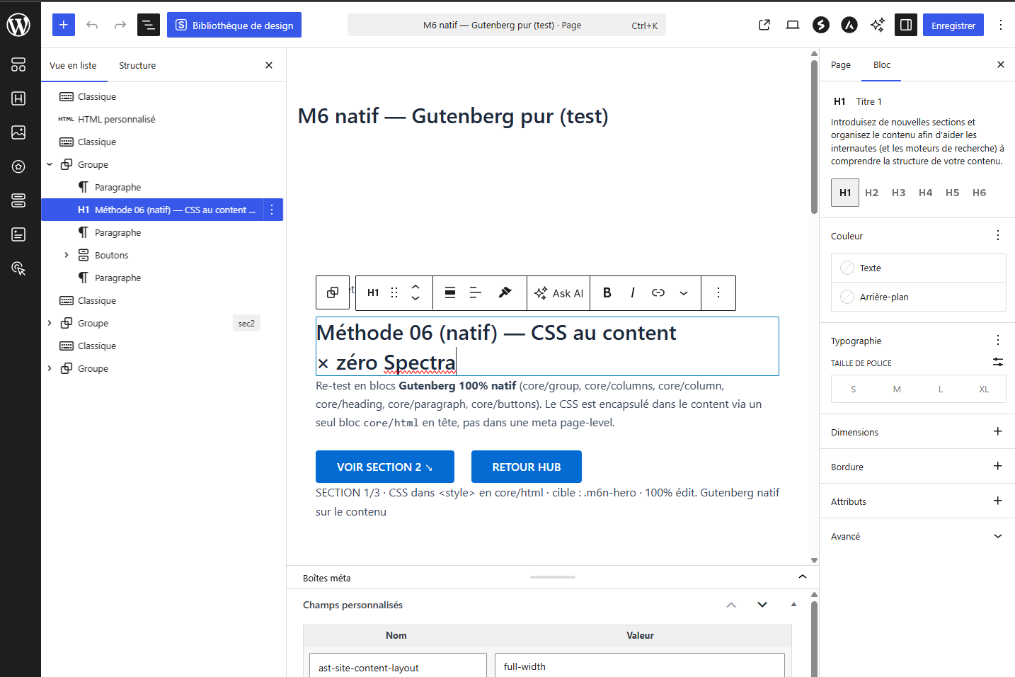 Editeur Gutenberg M-06 - blocs core natifs Groupe Paragraphe Titre Boutons Classique visibles dans la vue en liste a gauche