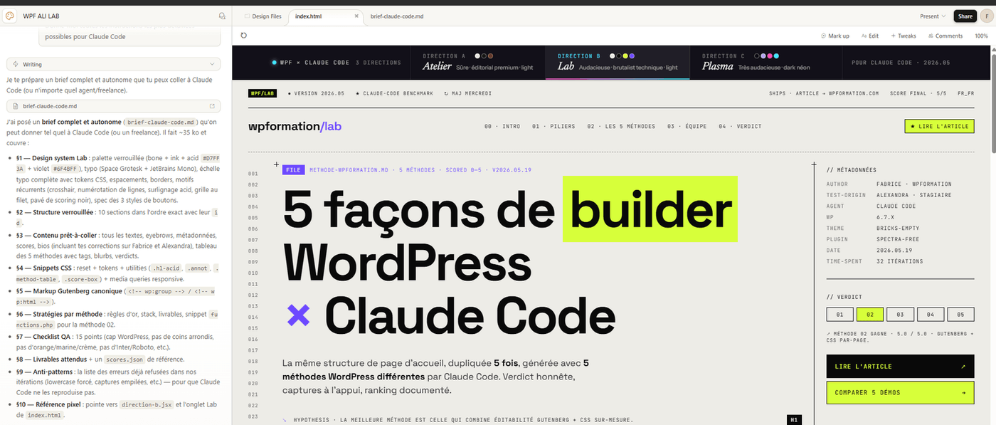 Brief Claude Design Direction B Lab - rendu brutalist avec metadata Author Fabrice Test-origin Alexandra Stagiaire Agent Claude Code