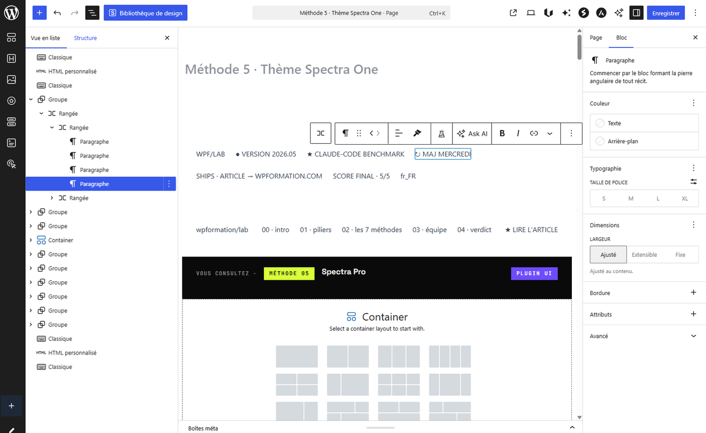 Editeur Gutenberg M-05 - theme Spectra One avec blocs Spectra UAGB Rangee Container dans la vue en liste a gauche
