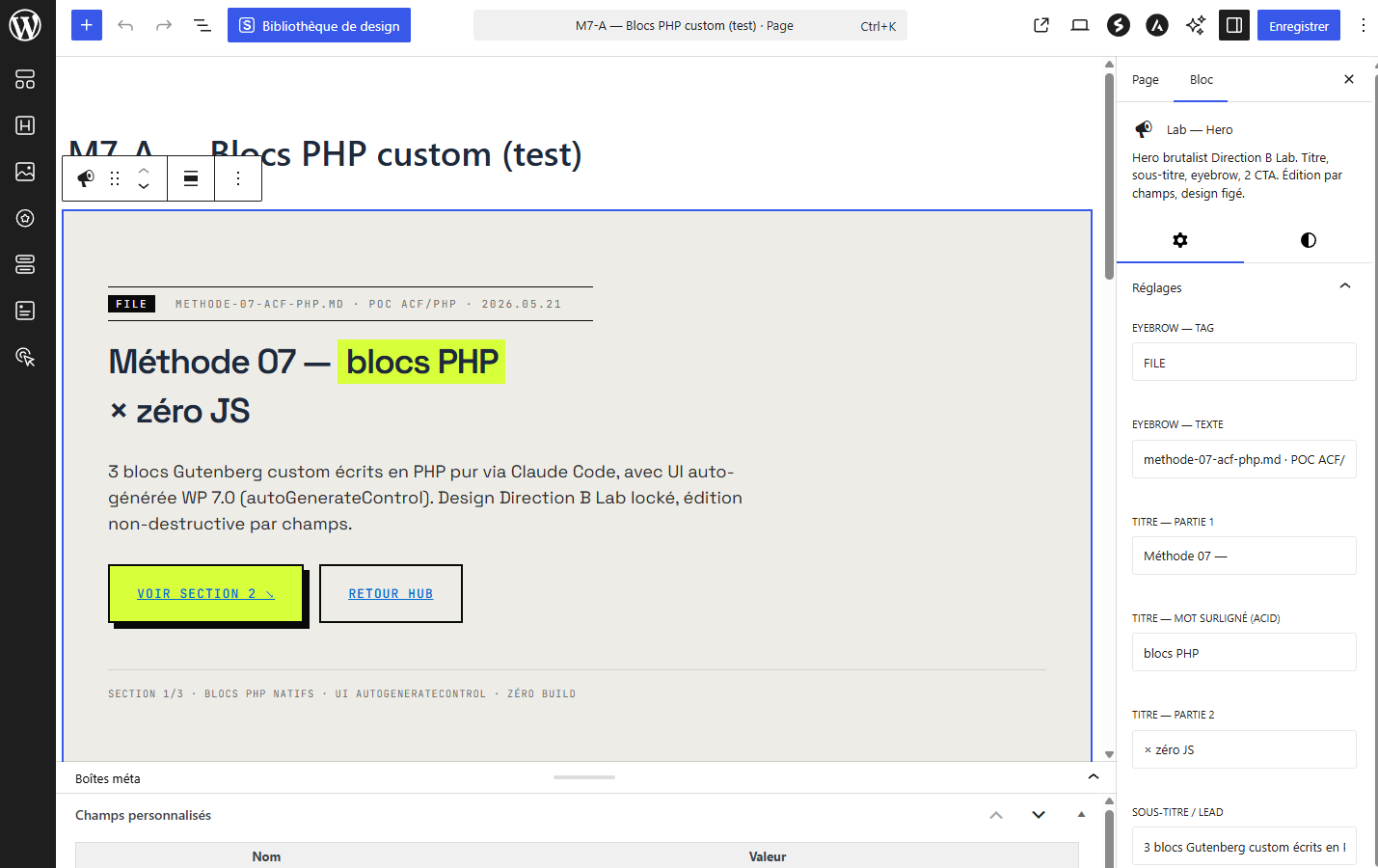 Éditeur Gutenberg WordPress avec sidebar autoRegister WP 7.0 - champs EYEBROW, TITRE, LEAD, CTA auto-générés pour le bloc wpf-lab-hero