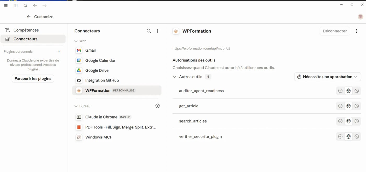 Le connecteur WPFormation ajouté dans Claude.ai, avec l'adresse de son serveur MCP et ses quatre outils