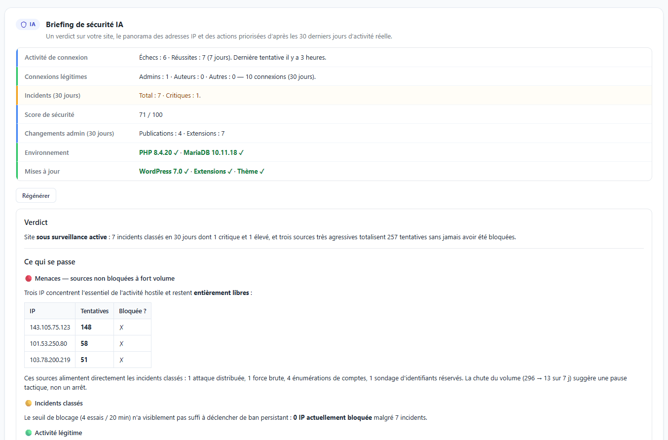 Briefing de sécurité IA de Login Armor : faits déterministes, verdict et sources IP non bloquées