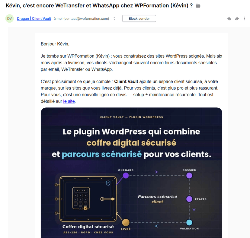 Mail de prospection automatisée adressé à "Kévin" qui présente WPFormation comme un constructeur de sites clients