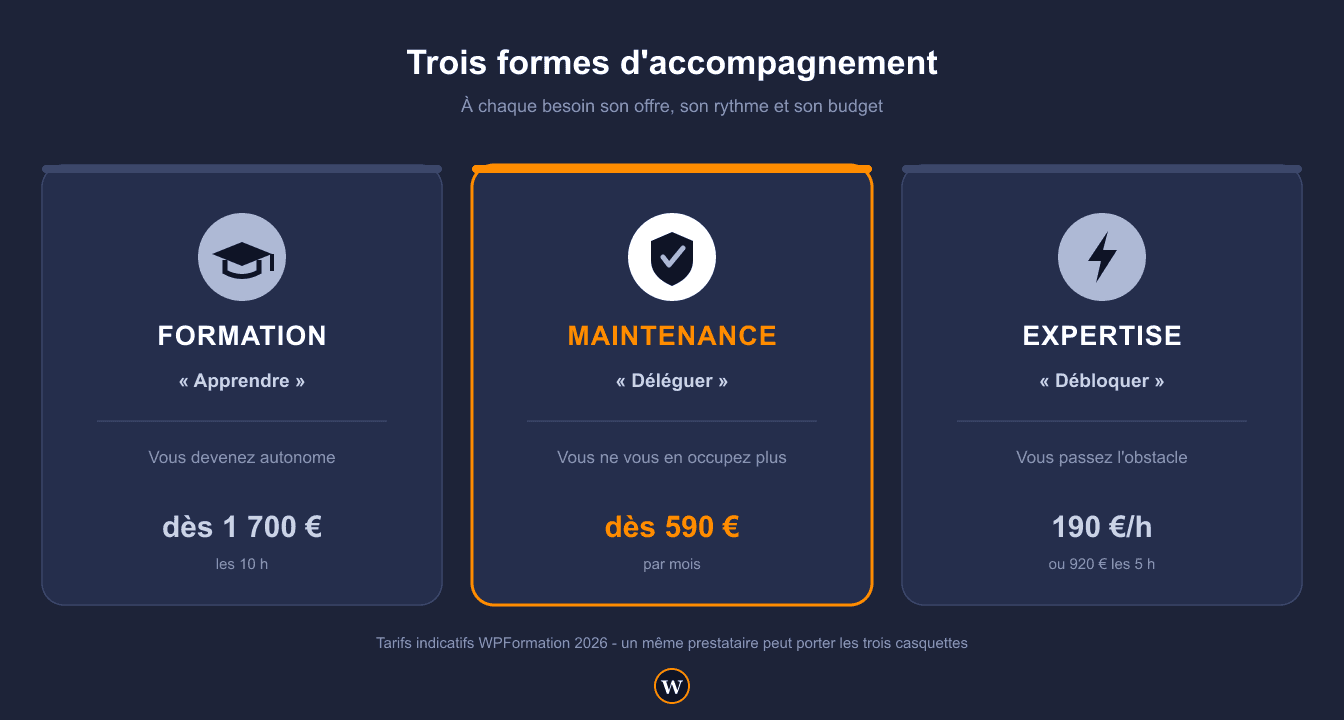 Trois formes d'accompagnement WordPress avec leurs budgets : formation, maintenance, expert