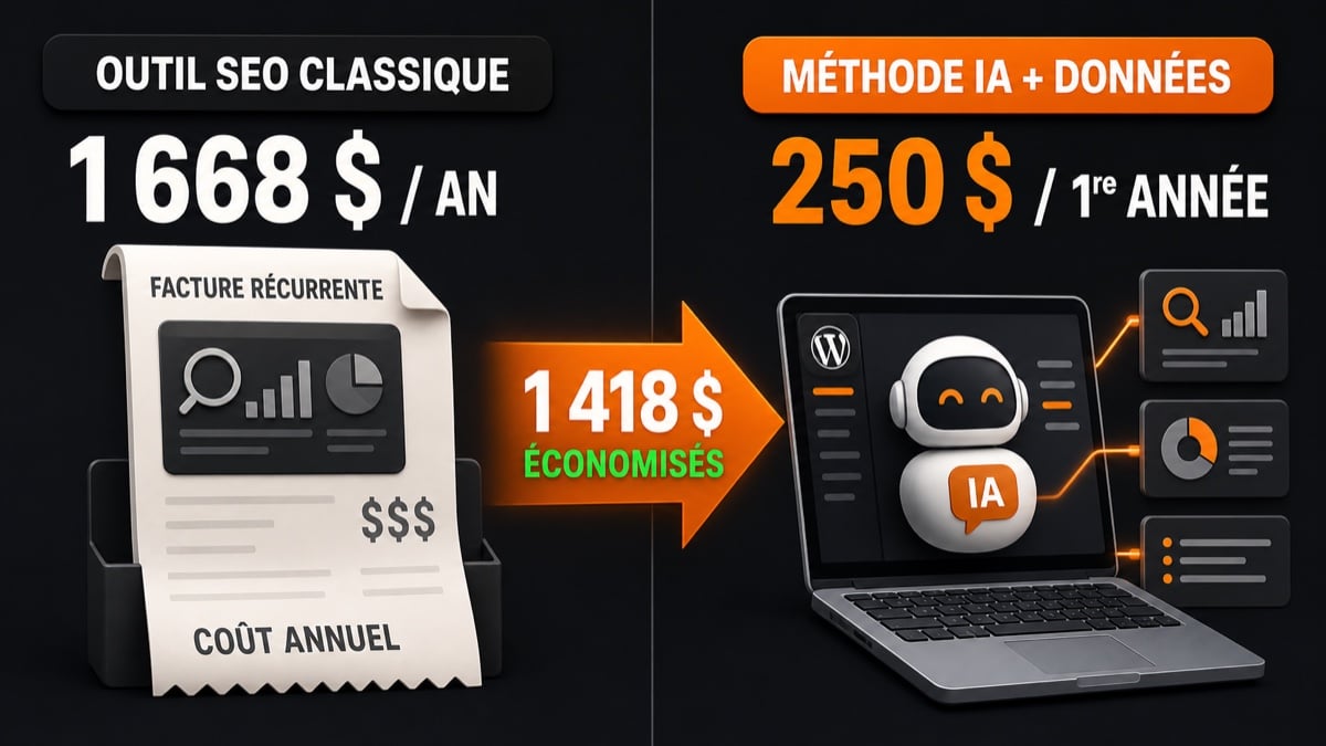 Comparatif de coût : 1 668 dollars par an pour un outil SEO classique, contre 250 dollars la première année pour un agent IA relié à des données, soit 1 418 dollars économisés