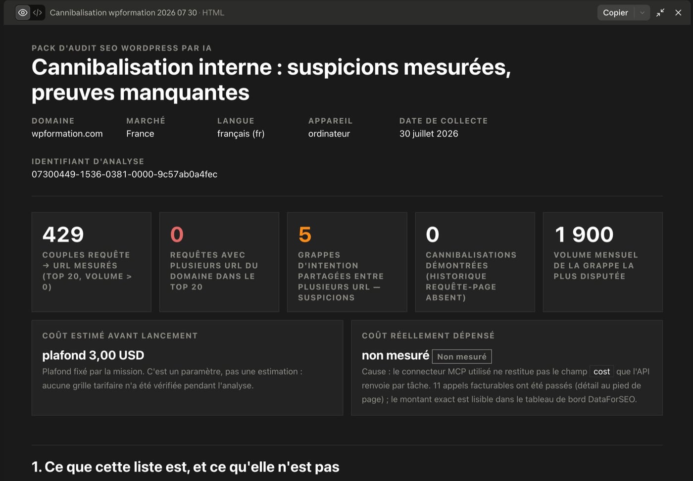 Rapport HTML produit par le prompt de cannibalisation : 429 couples requête et adresse mesurés, aucune requête avec plusieurs adresses du site dans les vingt premières places, cinq grappes d'intention partagées classées en suspicions, zéro cannibalisation démontrée faute d'historique, et un coût réel affiché comme non mesuré avec sa cause