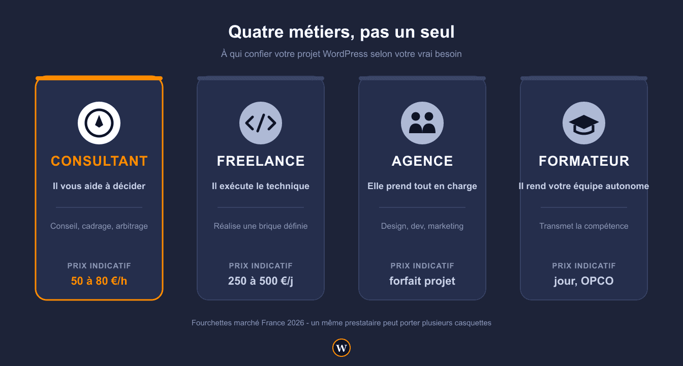 Comparatif consultant, freelance, agence et formateur WordPress avec fourchettes de prix