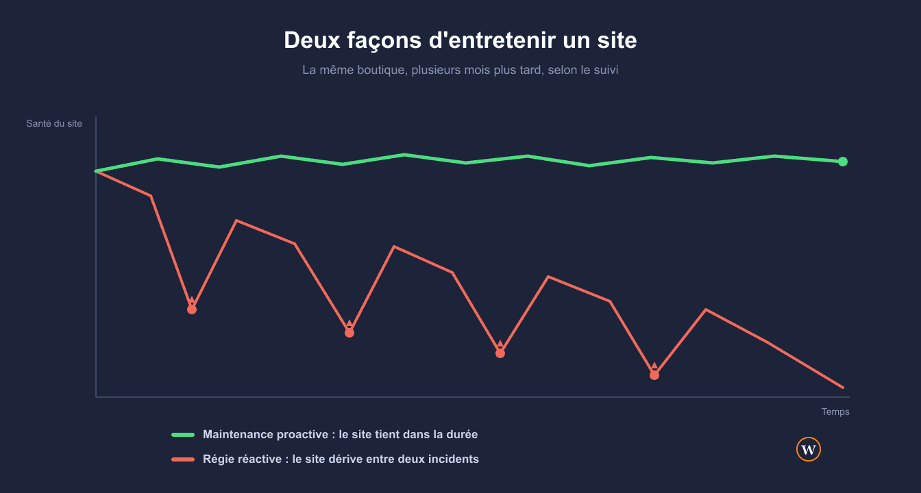 Maintenance WordPress réactive contre proactive : évolution de la santé du site dans le temps