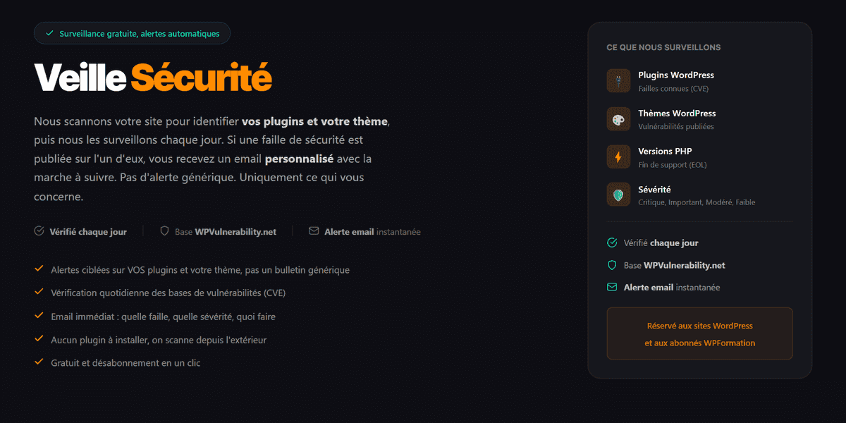 Outil de veille sécurité WordPress de WPFormation avec alertes email sur les failles
