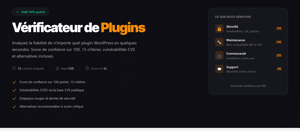 Vérificateur de plugins WordPress : score de confiance sur 100 par critères