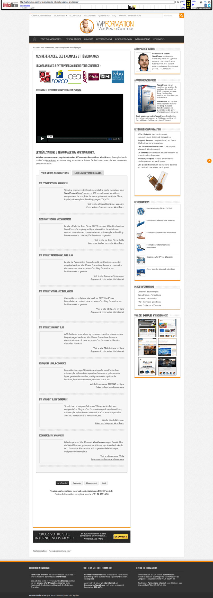Ancienne page WPFormation récupérée dans la Wayback Machine