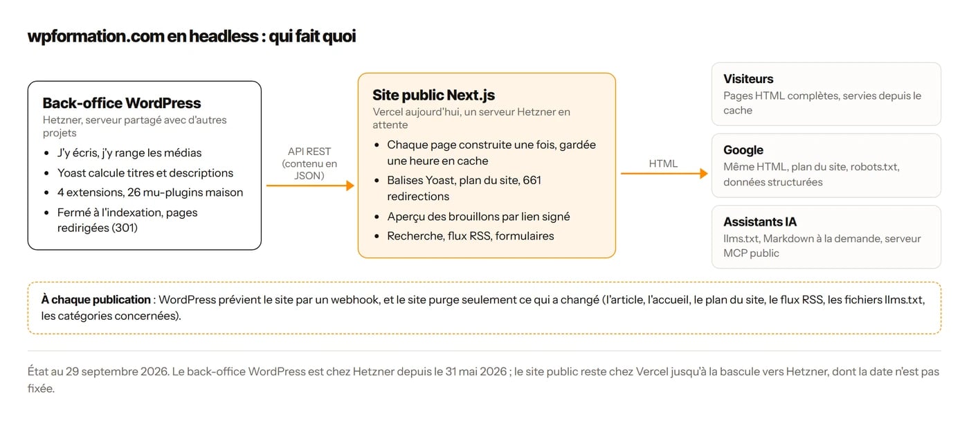Schéma de l'architecture headless de wpformation.com : WordPress chez Hetzner, Next.js chez Vercel, visiteurs, Google, IA
