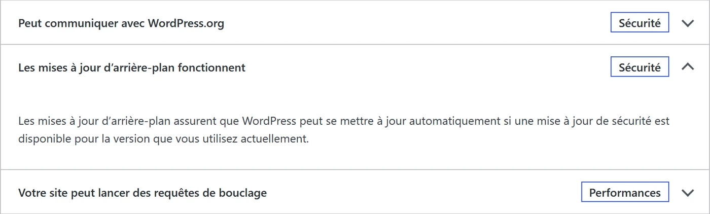 Écran Santé du site de WordPress 7.1.2 : le test des mises à jour d'arrière-plan réussi, déplié