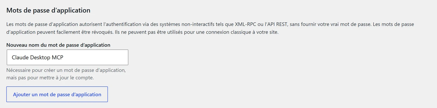 Création d'un mot de passe d'application nommé Claude Desktop MCP dans le profil WordPress