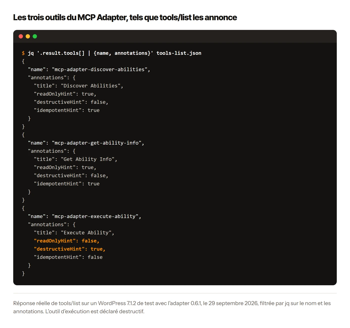 Réponse tools/list du MCP Adapter listant ses trois outils et leurs annotations