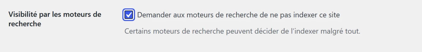 Écran Réglages, Lecture de WordPress avec la case Demander aux moteurs de recherche de ne pas indexer ce site cochée