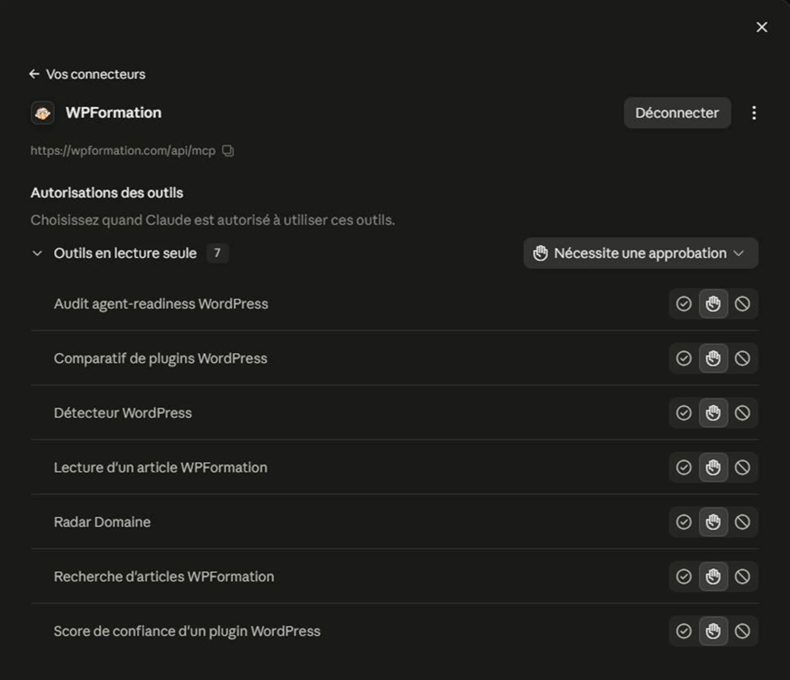 Le connecteur WPFormation ajouté dans Claude.ai, avec l'adresse de son serveur MCP et ses sept outils