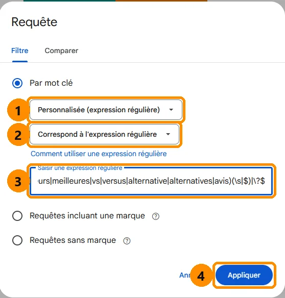 Fenêtre de filtre Requête de la Search Console réglée sur Personnalisée (expression régulière)