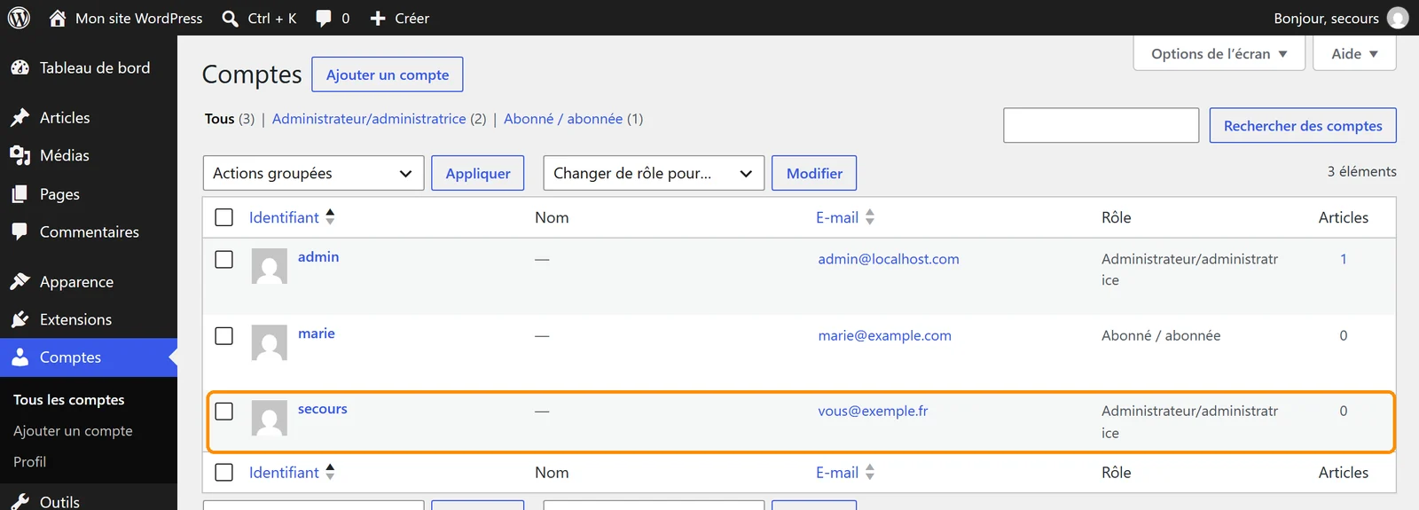 Liste des comptes WordPress avec le compte secours créé en administrateur par un fichier