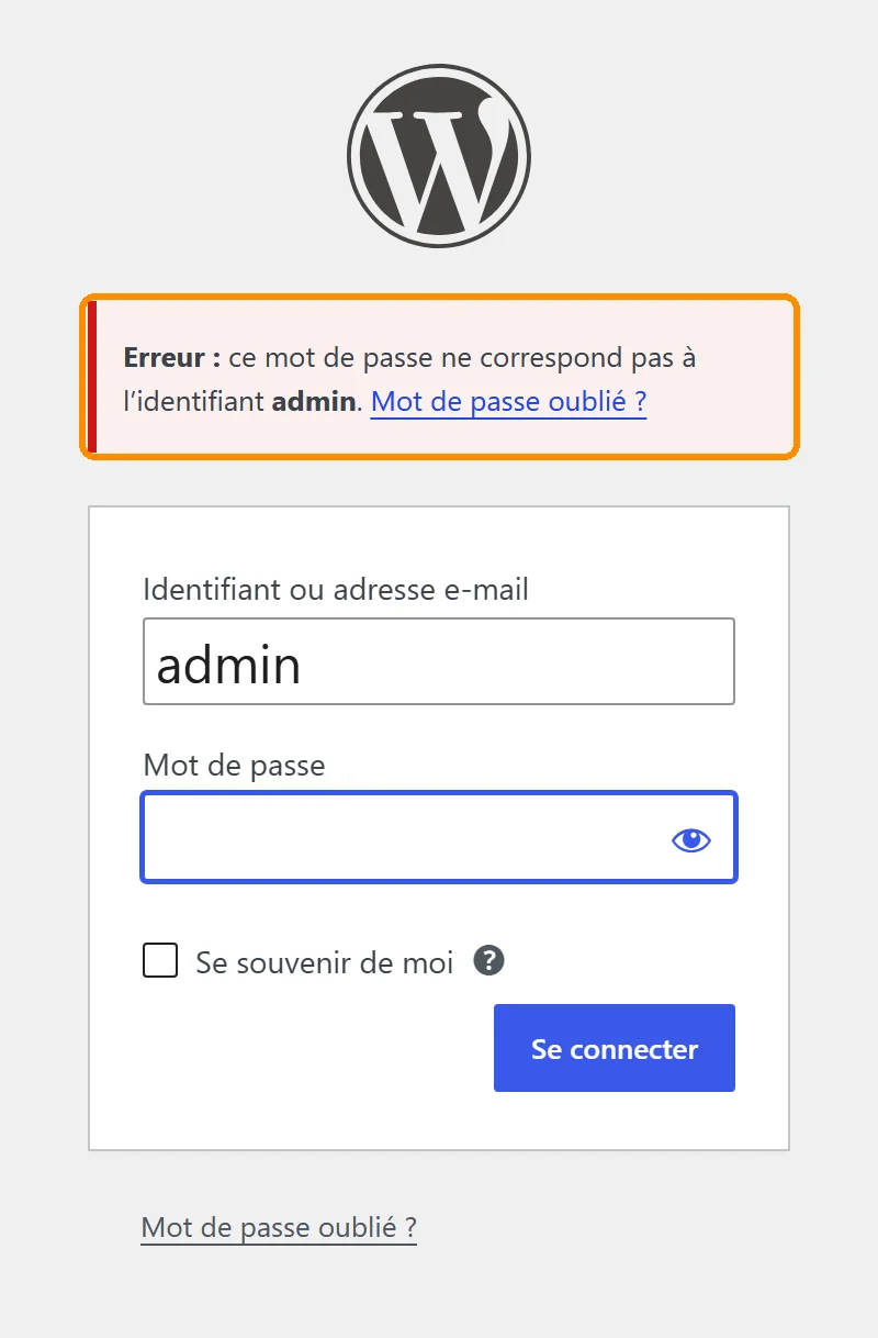 Page de connexion WordPress avec le message : ce mot de passe ne correspond pas à l'identifiant admin