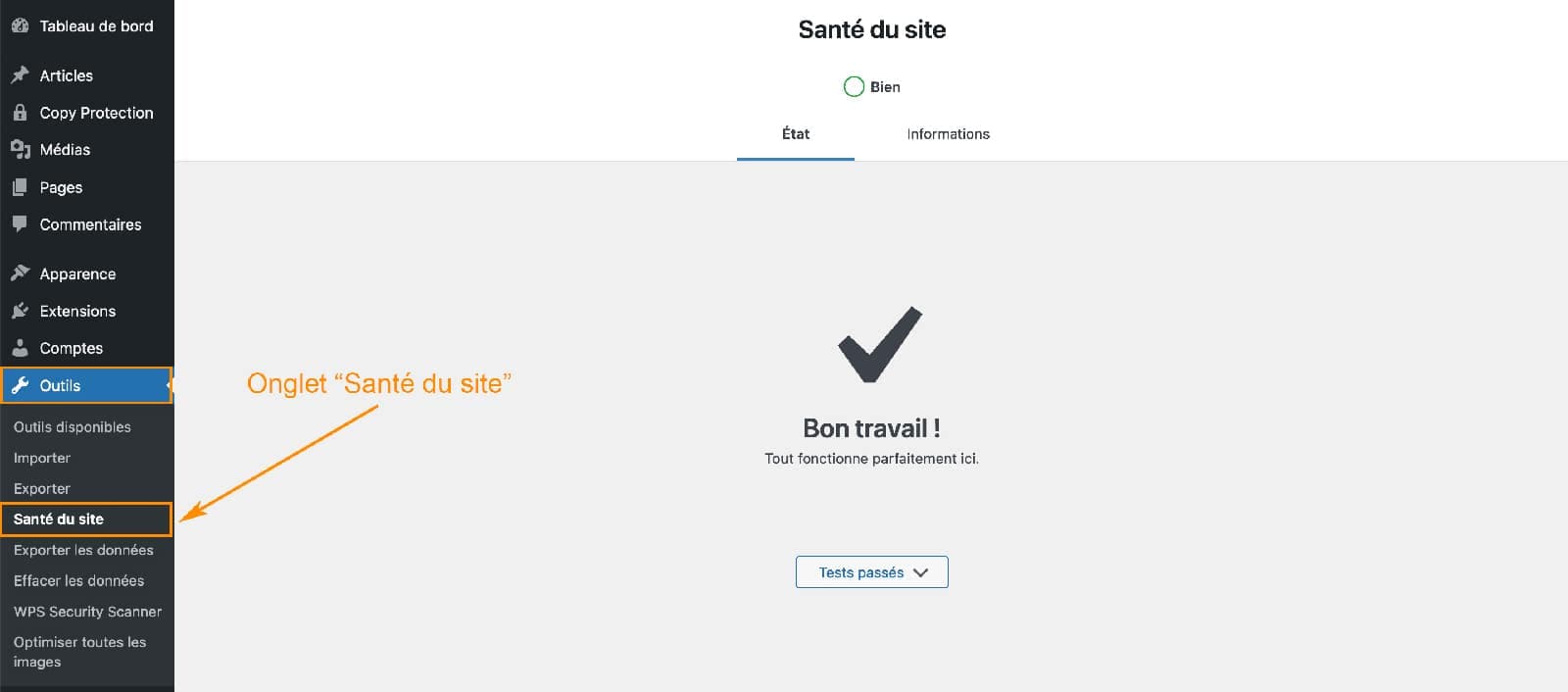 Tutoriel de l'outil Santé du site sur WordPress