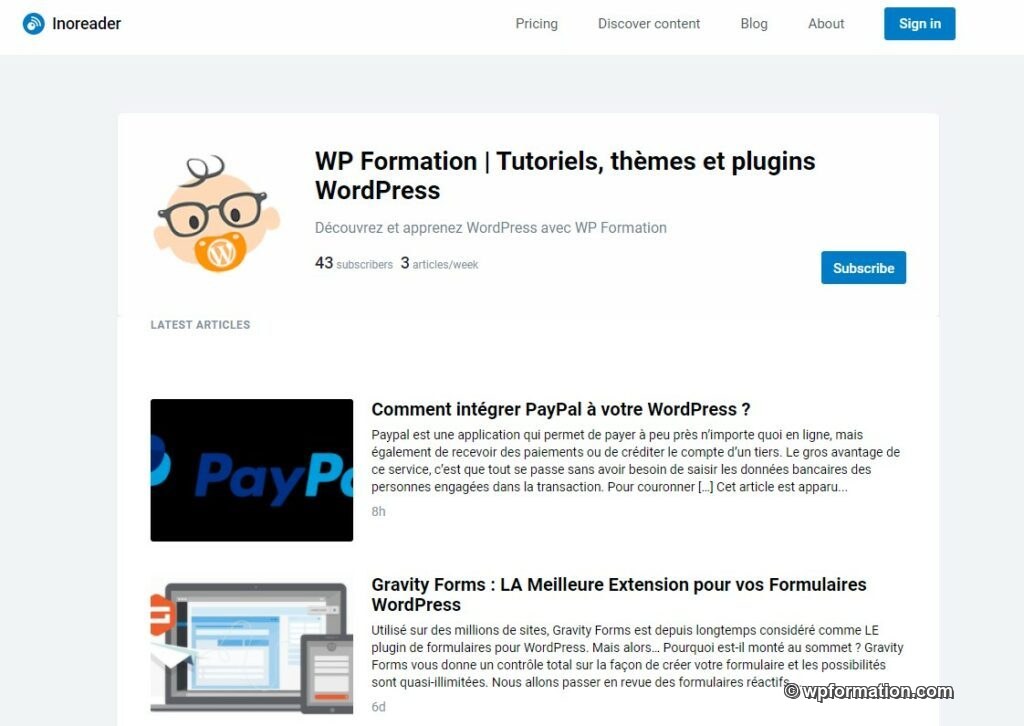 Flux RSS de WordPress vu dans Inoreader
