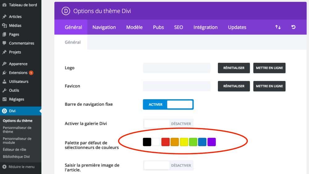 Apparition de la palette de couleur dans l'administration