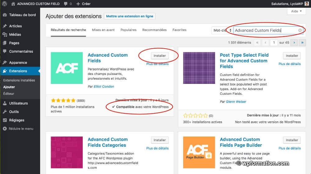 Installer le plugin Advanced Custom Fields
