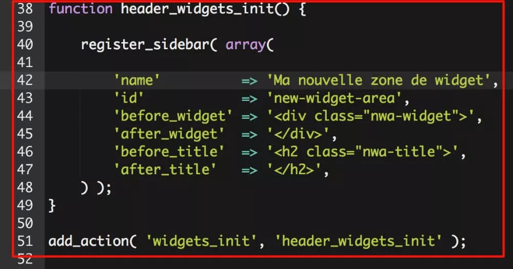 Code PHP pour nouvelle zone de widget