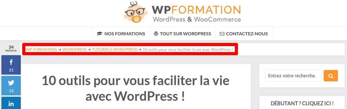Comment ajouter un fil d'Ariane sur WordPress - Un exemple le fil d'Ariane de WPFormation
