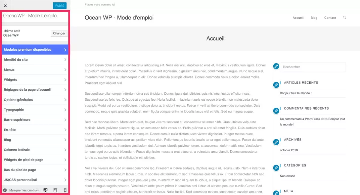OceanWP customizer